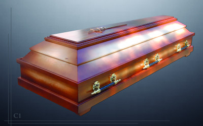 Wooden coffin with metal elements