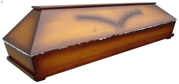 Wooden coffin with engraving
