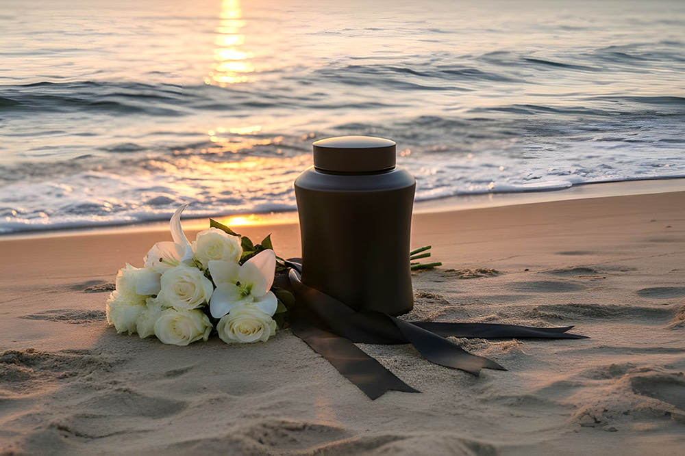 Urna ar kremācijas pelņu stāv Bāltijas jūras krastā
