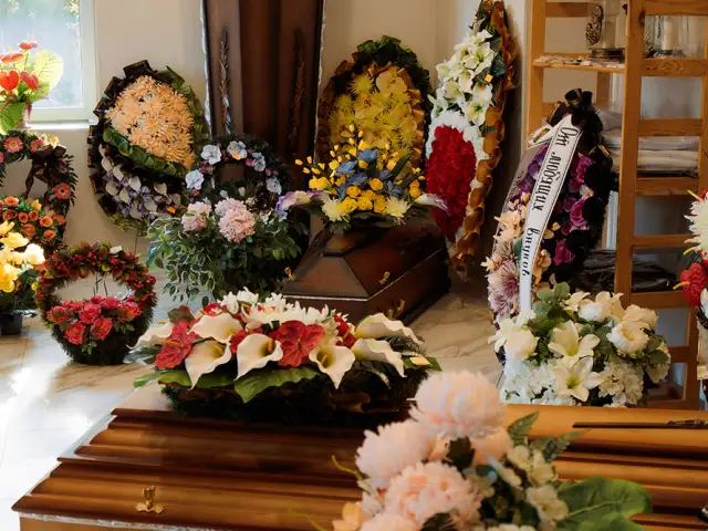 Сaskets, crosses, wreaths, and clothing for the deceased in Ritual Mirklis office in Daugavpils